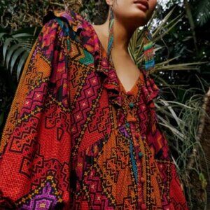 NWOT Farm Rio V-Neck Puff Sleeve Tiered Yawanawa Ruffle Maxi Boho Dress XS $275